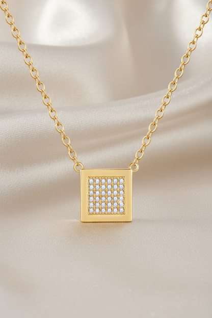 Gold Plated Sterling Silver Pave Cubic Zirconia Square Pendant Necklace