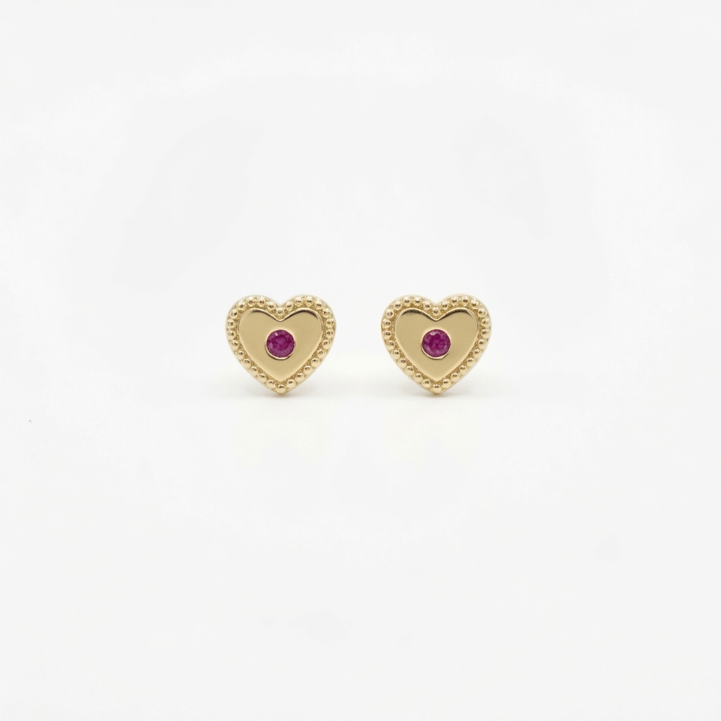 14K Gold Beaded Heart Stud Earrings with CZ and Screwback