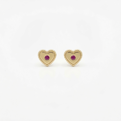 14K Gold Beaded Heart Stud Earrings with CZ and Screwback