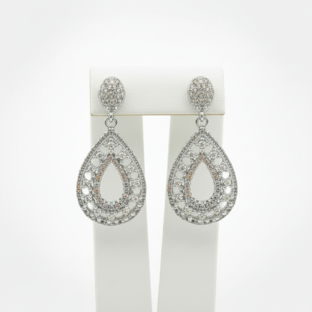 Rhodium Plated Sterling Silver Micropave CZ Teardrop Dangle Earrings