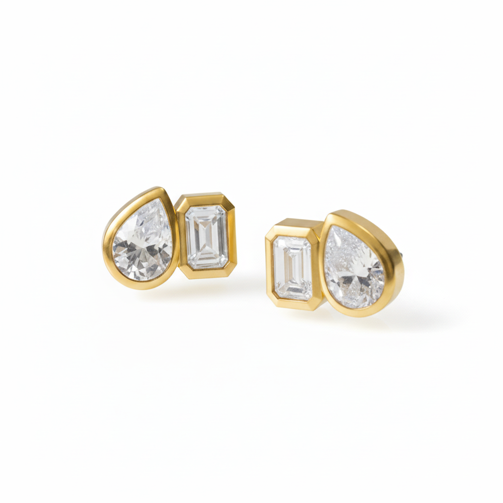 Sterling Silver Bezel Set CZ Stud Earrings - Pear and Emerald Cut