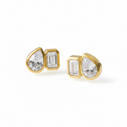 Sterling Silver Bezel Set CZ Stud Earrings - Pear and Emerald Cut