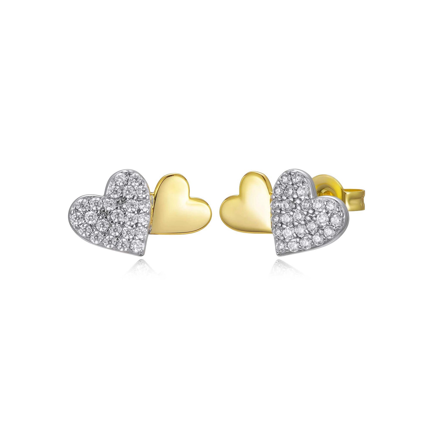 Surgical Steel Two Tone Double Heart with Micropave CZs Stud Earring