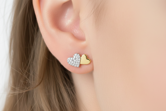 Surgical Steel Two Tone Double Heart with Micropave CZs Stud Earring