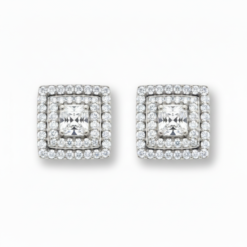 14K Gold And Diamond Center Stone and 2-Tier Square Framed Stud Earring
