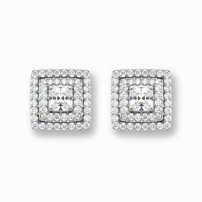 14K Gold And Diamond Center Stone and 2-Tier Square Framed Stud Earring