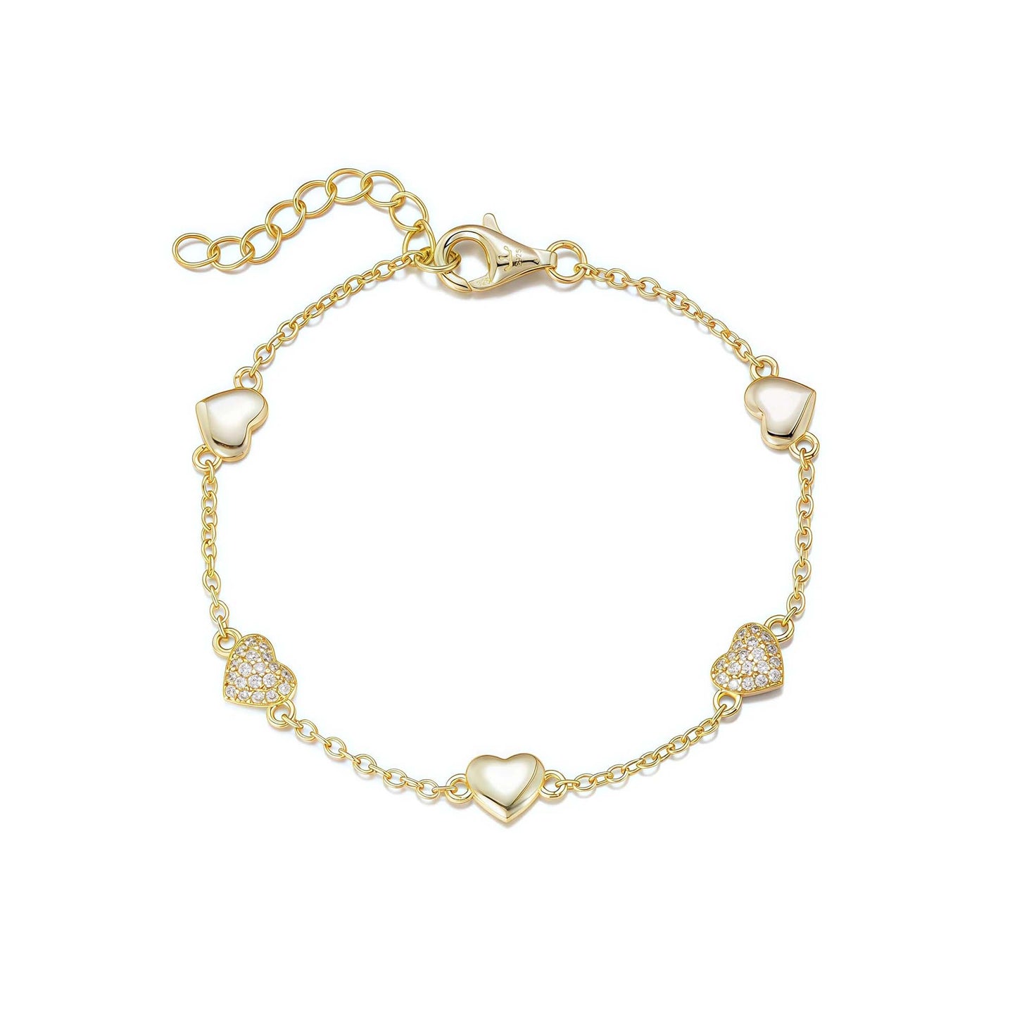 Gold Plated Sterling Silver Alternating Shiny Heart  and CZ Heart Bracelet