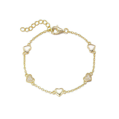 Gold Plated Sterling Silver Alternating Shiny Heart  and CZ Heart Bracelet