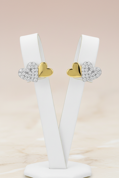 Surgical Steel Two Tone Double Heart with Micropave CZs Stud Earring
