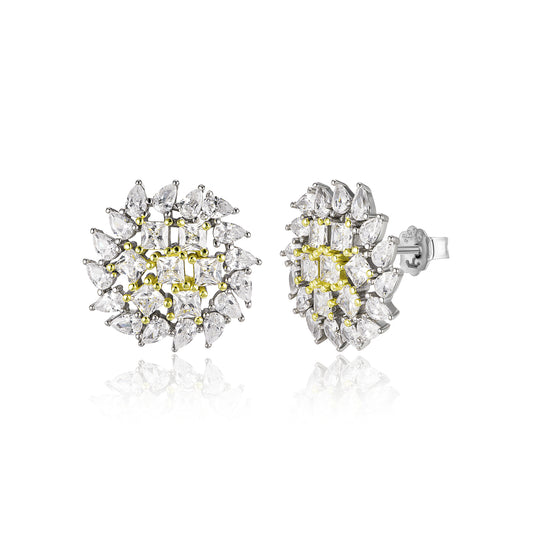 Sterling Silver Two-Tone CZ Dome Cluster Stud Earrings