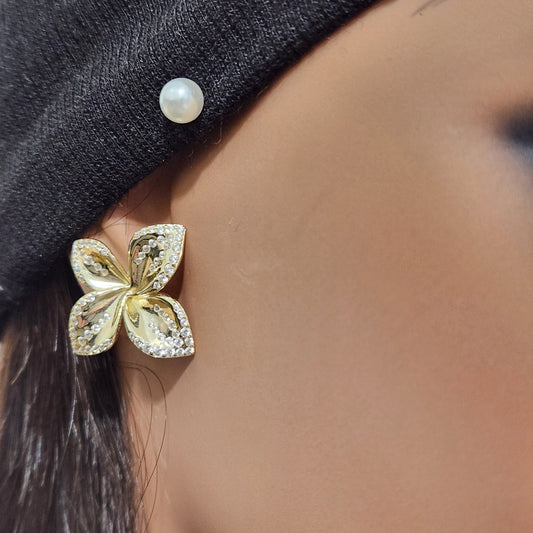 Sterling Silver Gold Plated Four Petal With CZ Stud Earrings