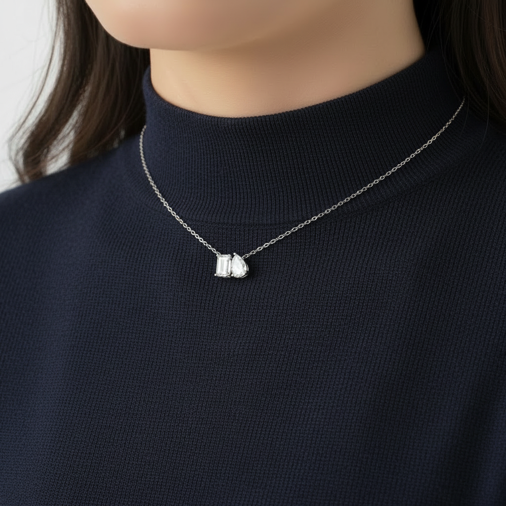 14K Emerald Cut and Pear Shaped Two Stone Lab Grown Diamond Necklace