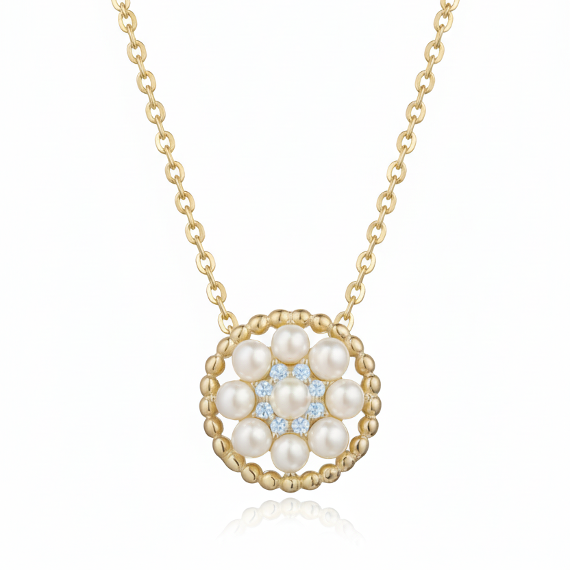 Vintage Pearl Gold Plated Sterling Silver with CZ Halo Necklace