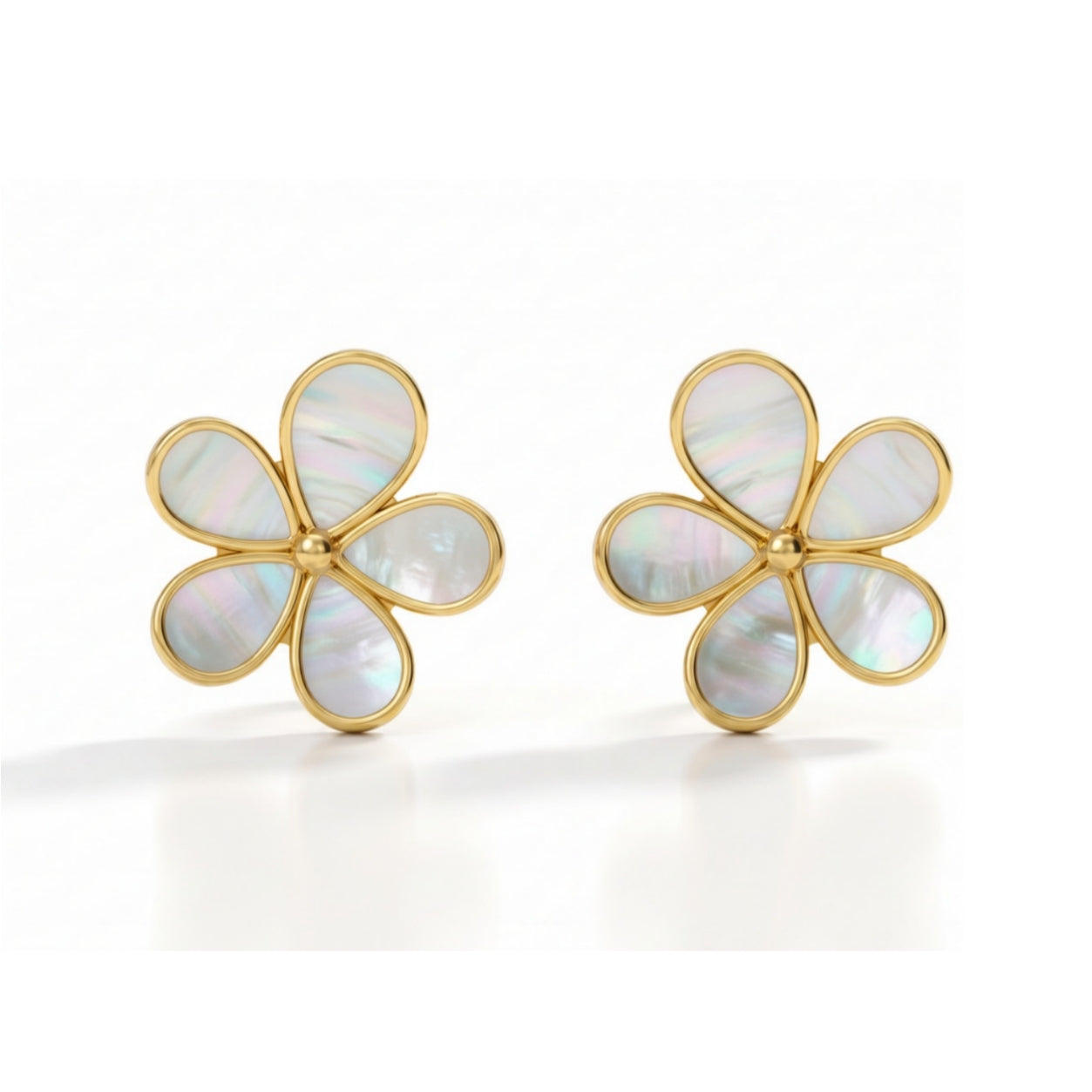 Sterling Silver Gold Plated Mother Of Pearl Flower Stud Earring
