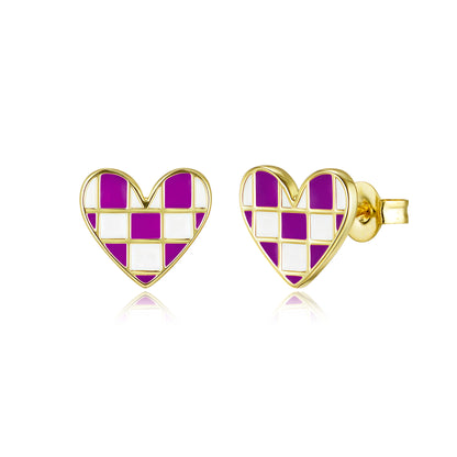 Gold-Plated Surgical Steel Checkerboard Enamel Heart Stud Earrings - Hypoallergenic Kids Jewelry