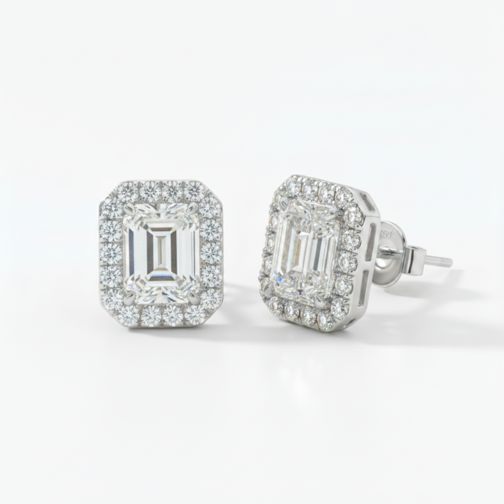 14K Halo CVD Lab Grown Diamond Earrings – Radiant or Emerald Cut | Yellow Gold or White Gold