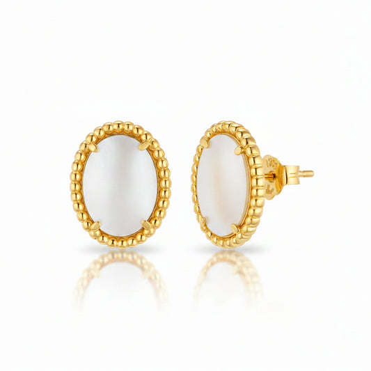 Gold Plated Sterling Silver Oval Mother of Pearl Beaded Border Stud Earrings
