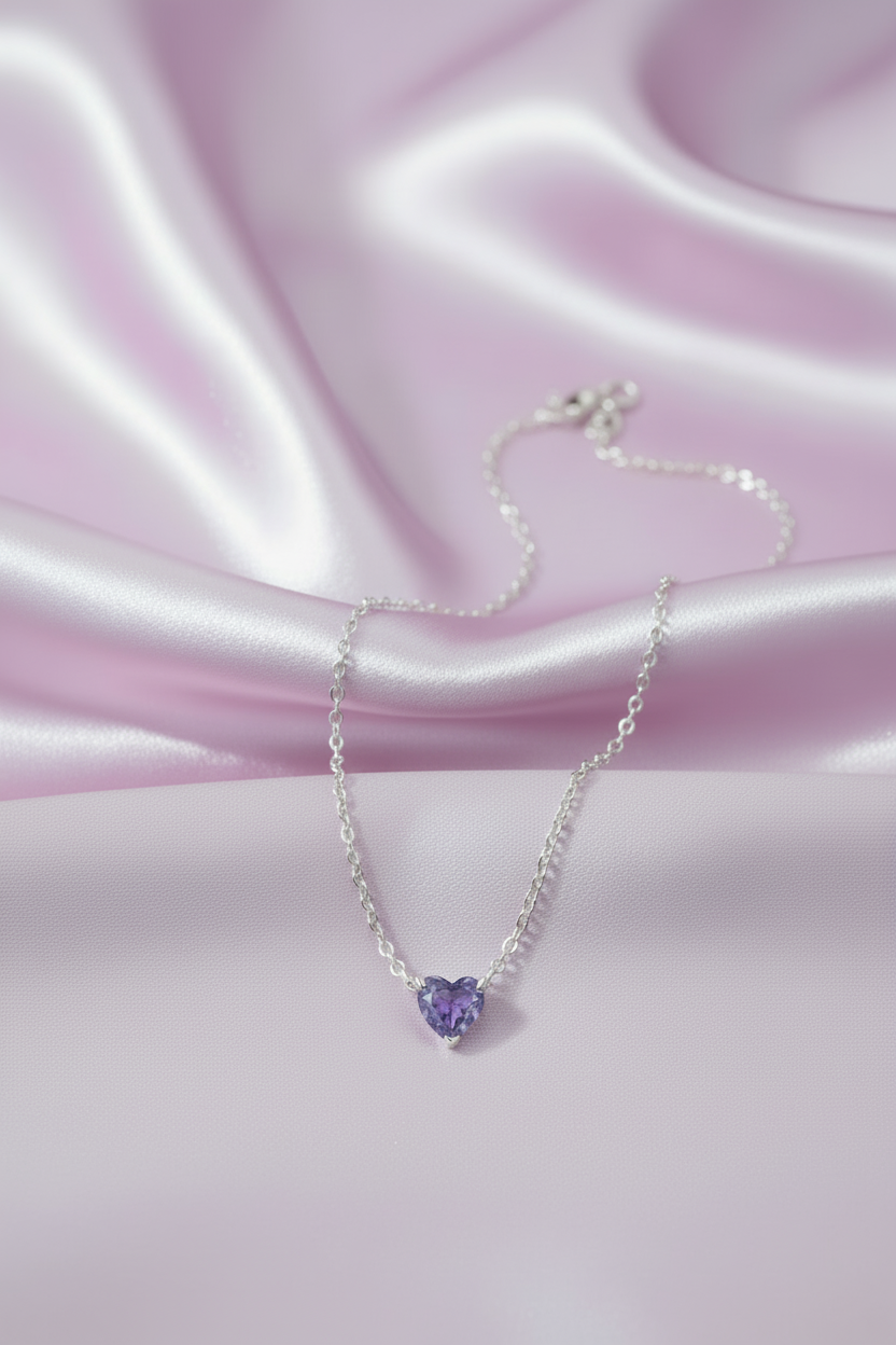 Purple Heart Pendant Necklace - Sterling Silver