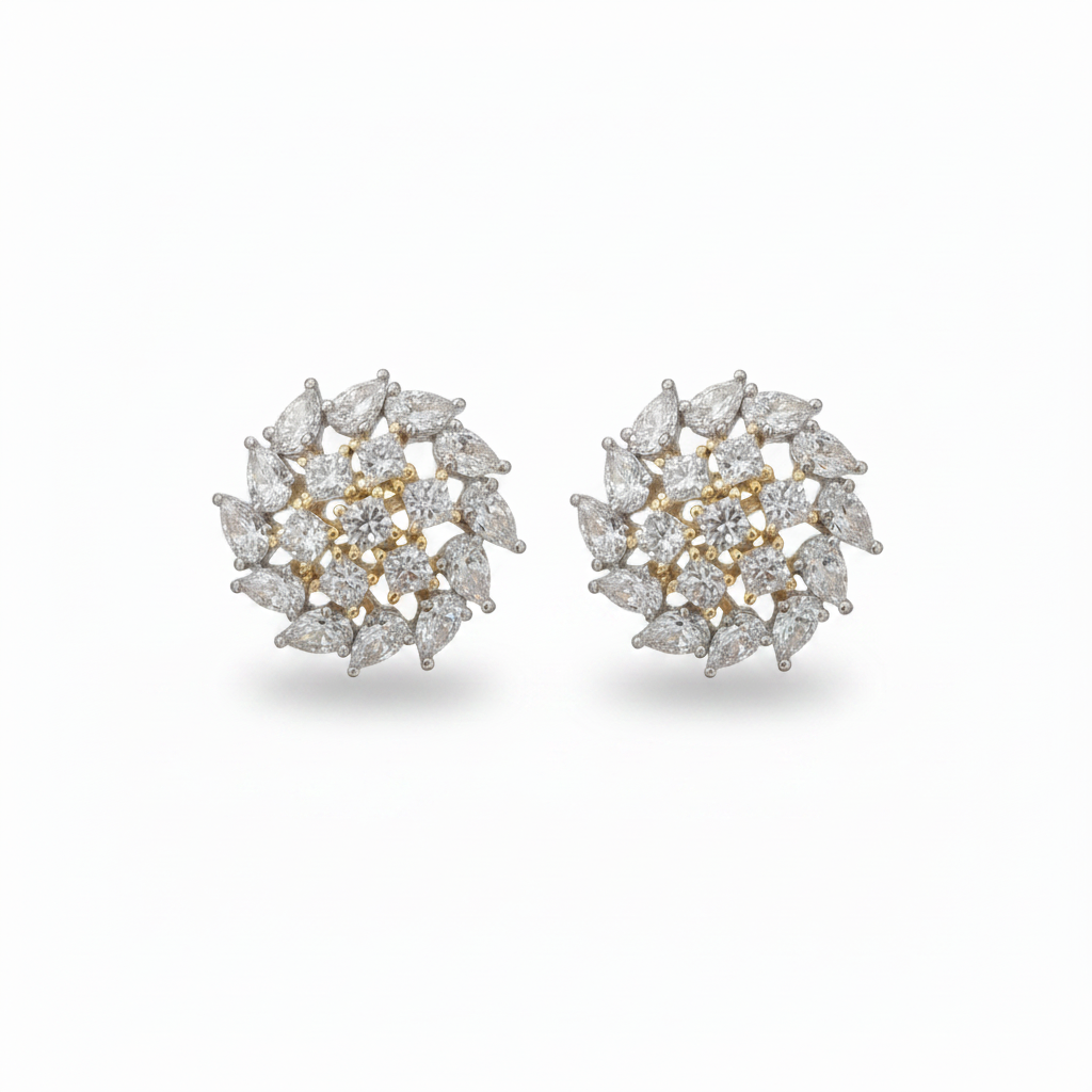 Sterling Silver Two-Tone CZ Dome Cluster Stud Earrings