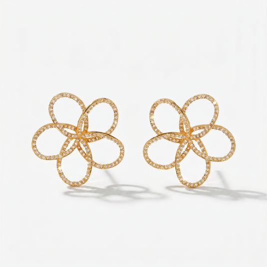Sterling Silver Gold Plated Large Outline CZ Flower Stud Earring