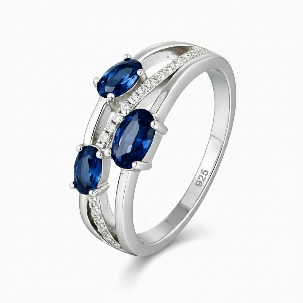 Sterling Silver Triple Oval Sapphire CZ Split Band Ring