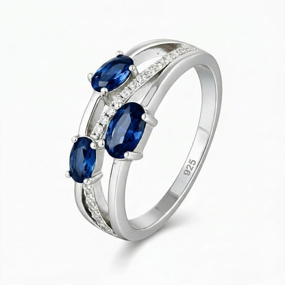 Sterling Silver Triple Oval Sapphire CZ Split Band Ring