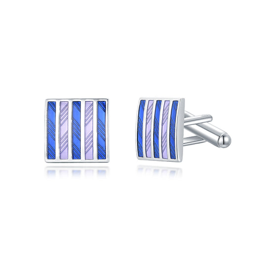 Rhodium Plated Blue Enamel Stripes Rectangle Cufflinks