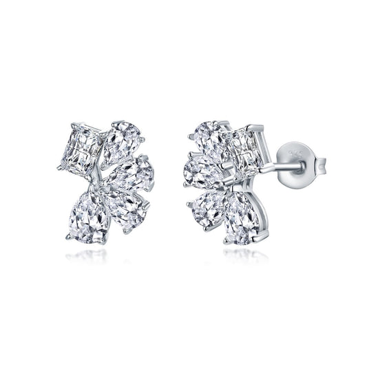 Sterling Silver Mixed Cut Cluster Stud Earrings