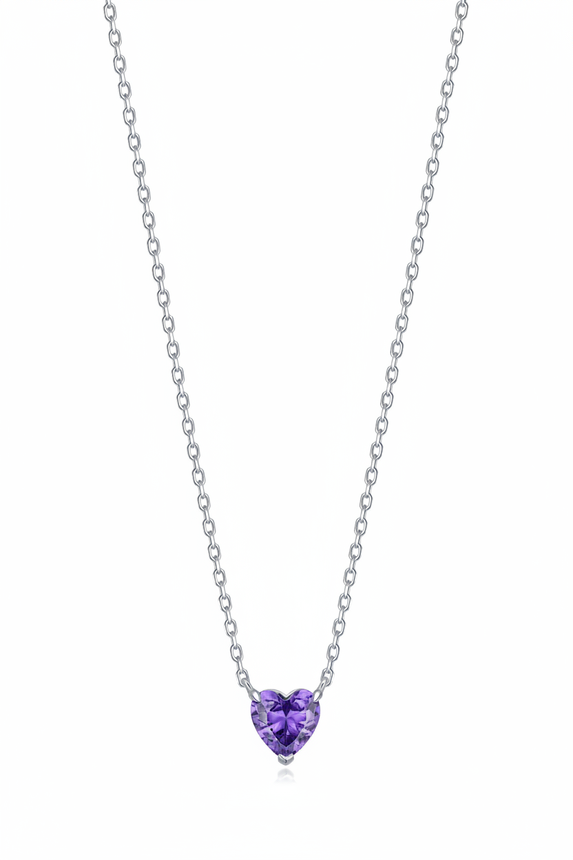 Purple Heart Pendant Necklace - Sterling Silver