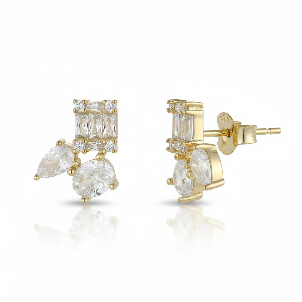 Sterling Silver Gold Plated Three Shape CZ Stud Earrings