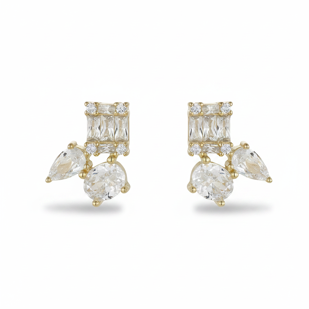 Sterling Silver Gold Plated Three Shape CZ Stud Earrings