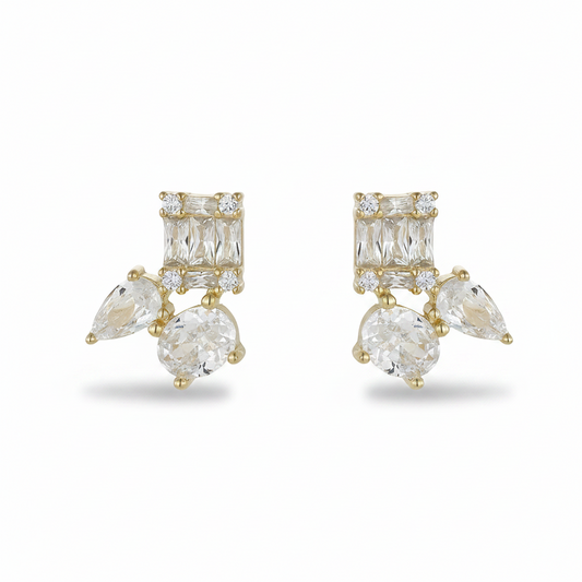 Sterling Silver Gold Plated Three Shape CZ Stud Earrings