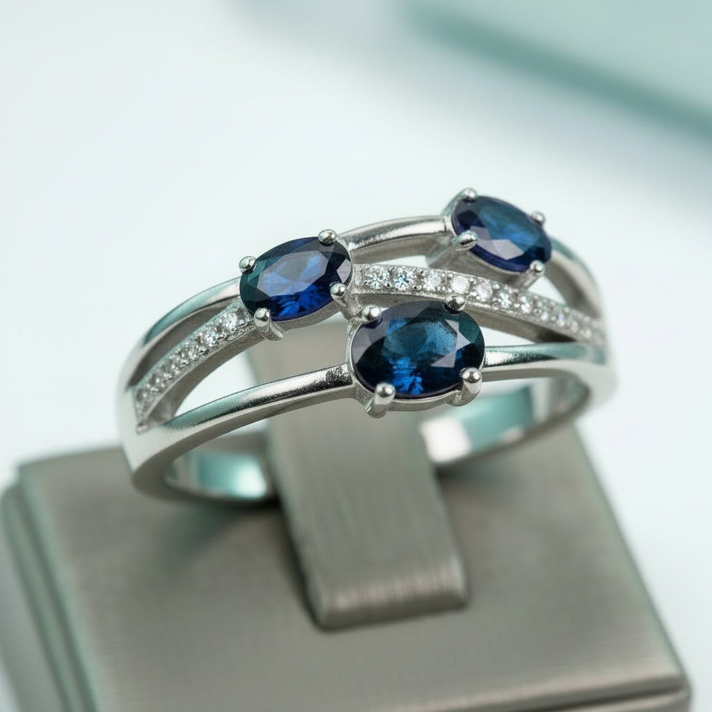 Sterling Silver Triple Oval Sapphire CZ Split Band Ring