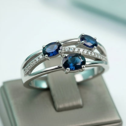 Sterling Silver Triple Oval Sapphire CZ Split Band Ring