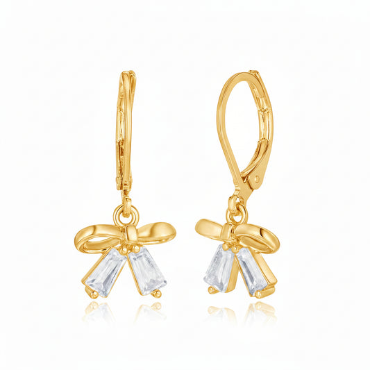 Gold Plated Surgical Steel Bow With CZ Leverback Earrings
