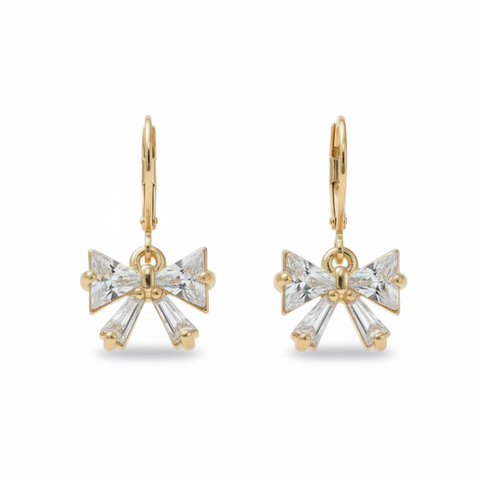 Gold Plated Cubic Zirconia Bow Leverback Earrings