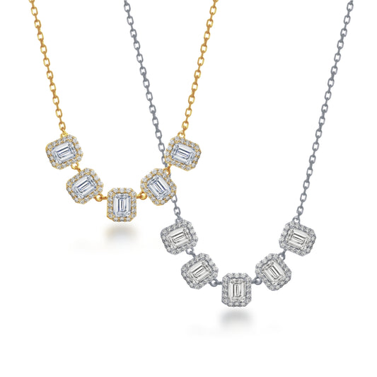 Sterling Silver 5 Halo Emerald Cut Stone Bar Necklace
