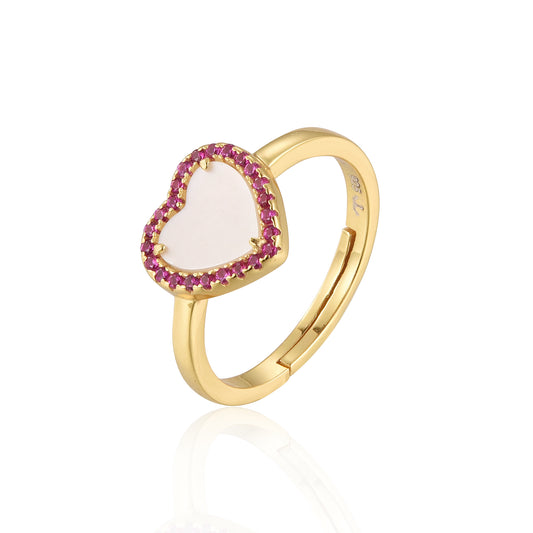 Sterling Silver Gold Plated Mother of Pearl Heart With CZ Ring