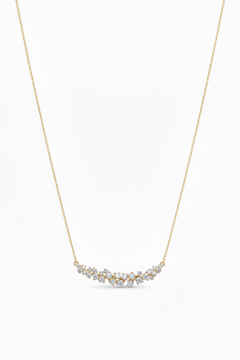 14K Scattered Diamond Curved Bar Necklace