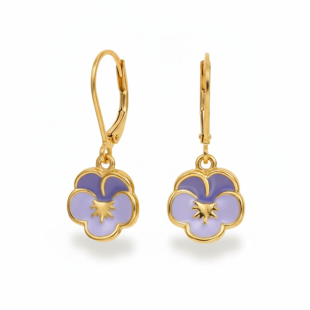 Colorful Enamel Pansy Flower Surgical Steel Leverback Earrings - Hypoallergenic Kids Jewelry