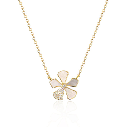 Sterling Silver Gold Plated Mother of Pearl And CZ Five Petal Flowers Necklace