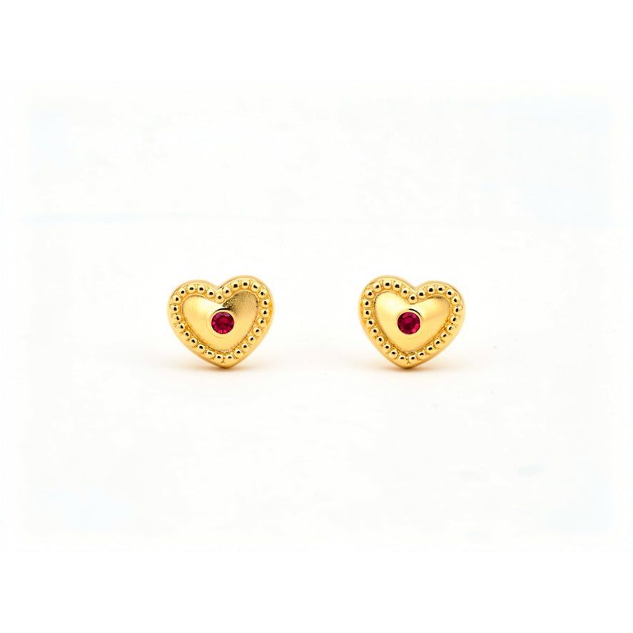 14K Gold Beaded Heart Stud Earrings with CZ and Screwback