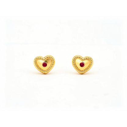 14K Gold Beaded Heart Stud Earrings with CZ and Screwback
