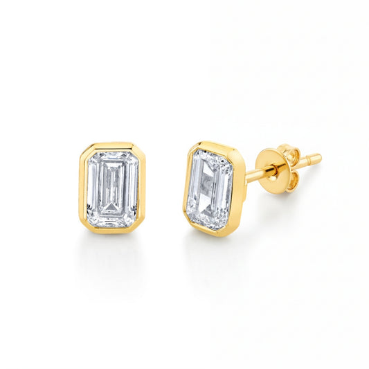 14K Gold 2.15ct CVD Emerald Cut Bezel Stud Earrings