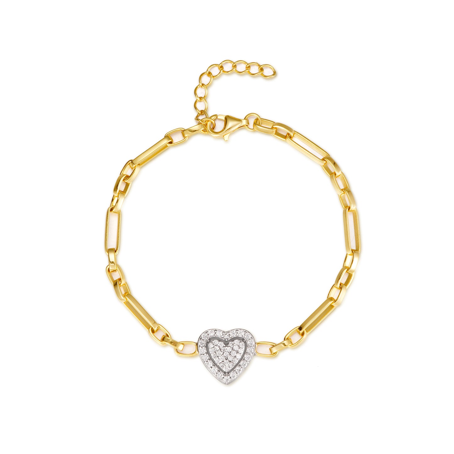 Gold-plated Sterling Silver Link Chain With Center CZ Heart Bracelet