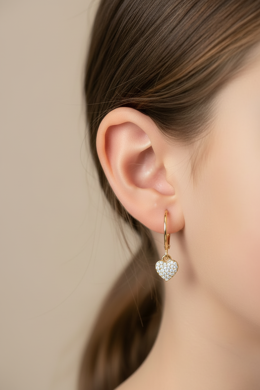 Pavé Heart Earrings - Hypoallergenic Surgical Steel Gold Plated Cubic Zirconia Leverback Earrings