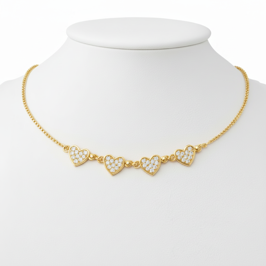 Gold Plated Sterling Silver Four Heart Micropave CZ Necklace
