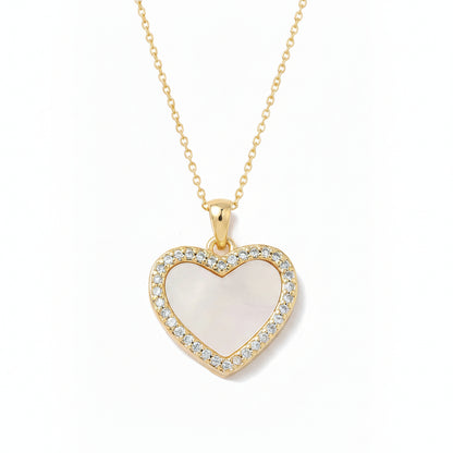 Gold Plated Shell Pearl and CZ Heart Pendant Necklace - 15.5mm