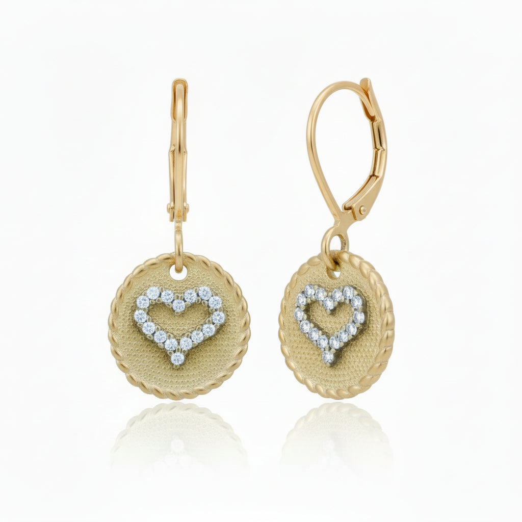 Surgical Steel Gold Plated Disc With CZ Heart Leverback Earring