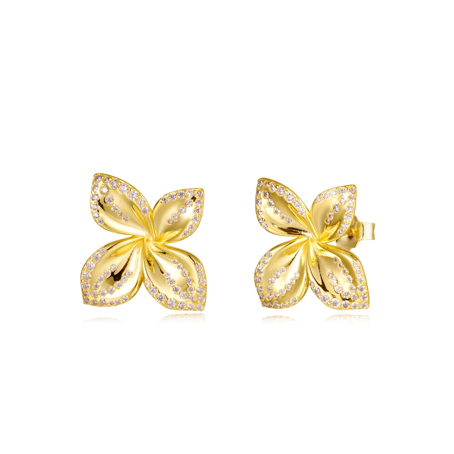 Sterling Silver Gold Plated Four Petal With CZ Stud Earrings